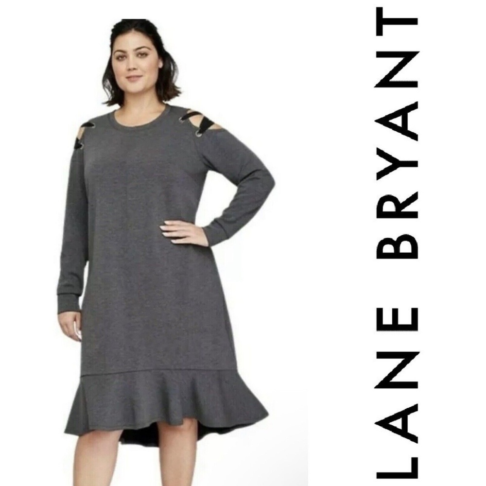 Lane Bryant Lace Up Cold Shoulder Swing Dress Ruffle Hem Gray 14/16